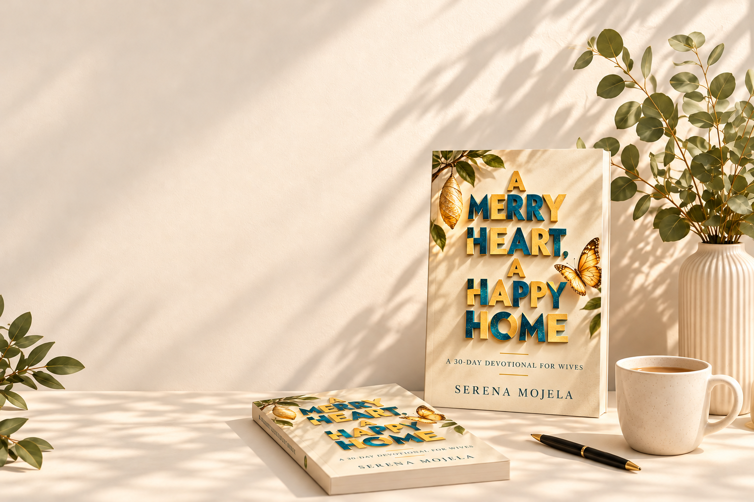 A Merry Heart, A Happy Home by Serena Mojela on a sunlit desk beside tea and leafy branches
